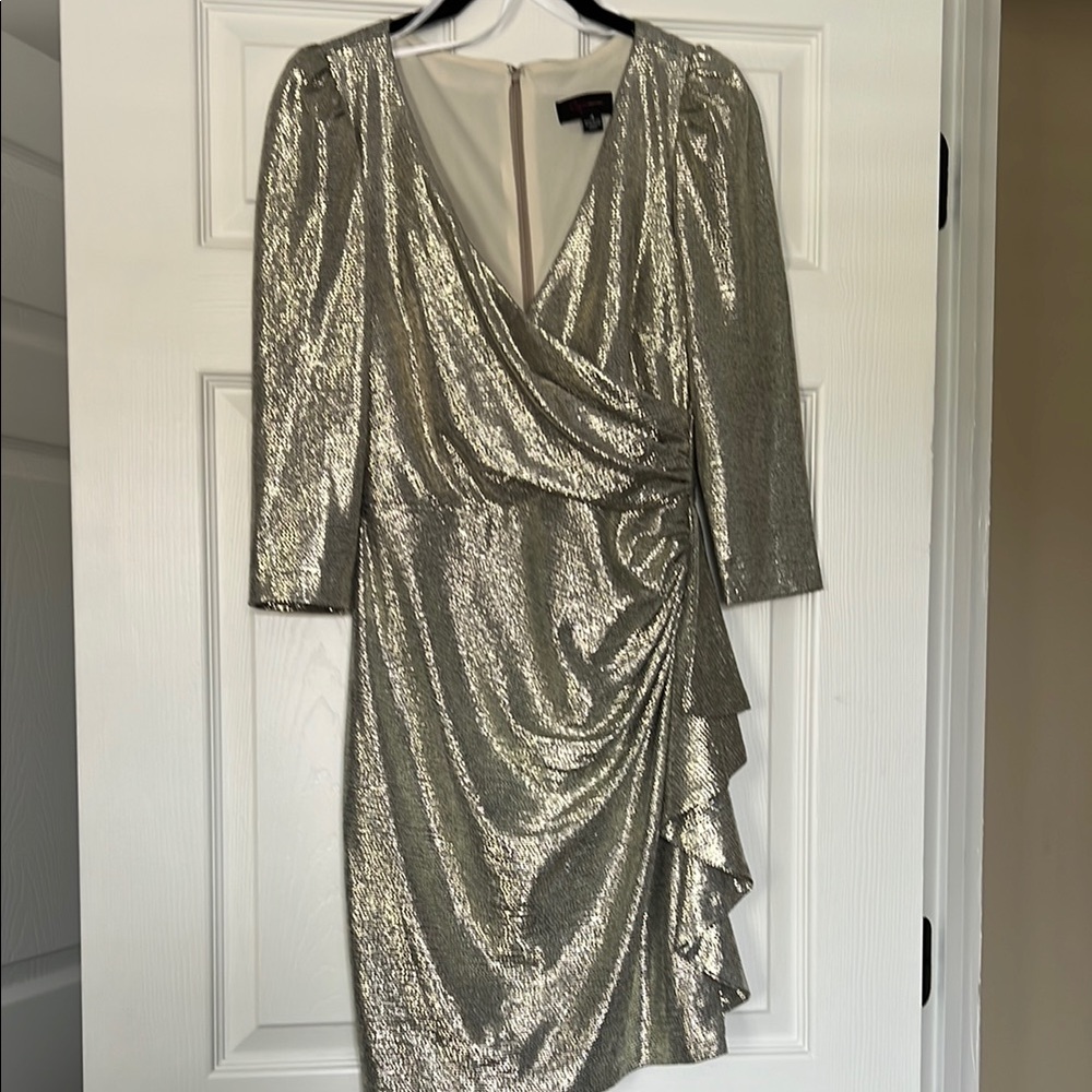 Aqua Gold Ruched Wrap Dress 3/4 Sleeve